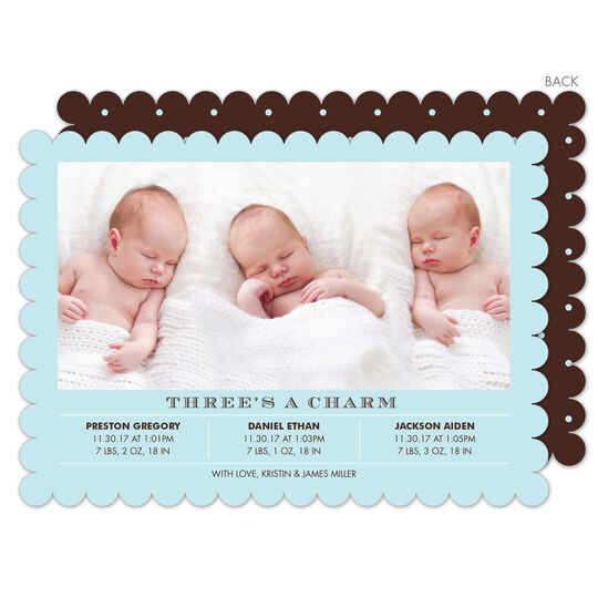 Blue Three's A Charm Triplets Photo Birth Announcements
